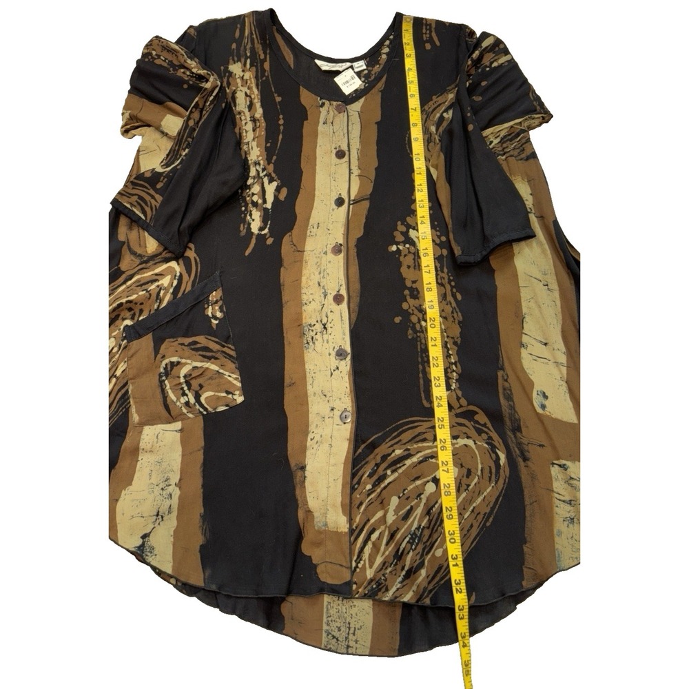 Lyng Button Up Tunic‎ Blouse Size Med Brown Black Abstract Rayon Long Sleeve NWT - Picture 5 of 10